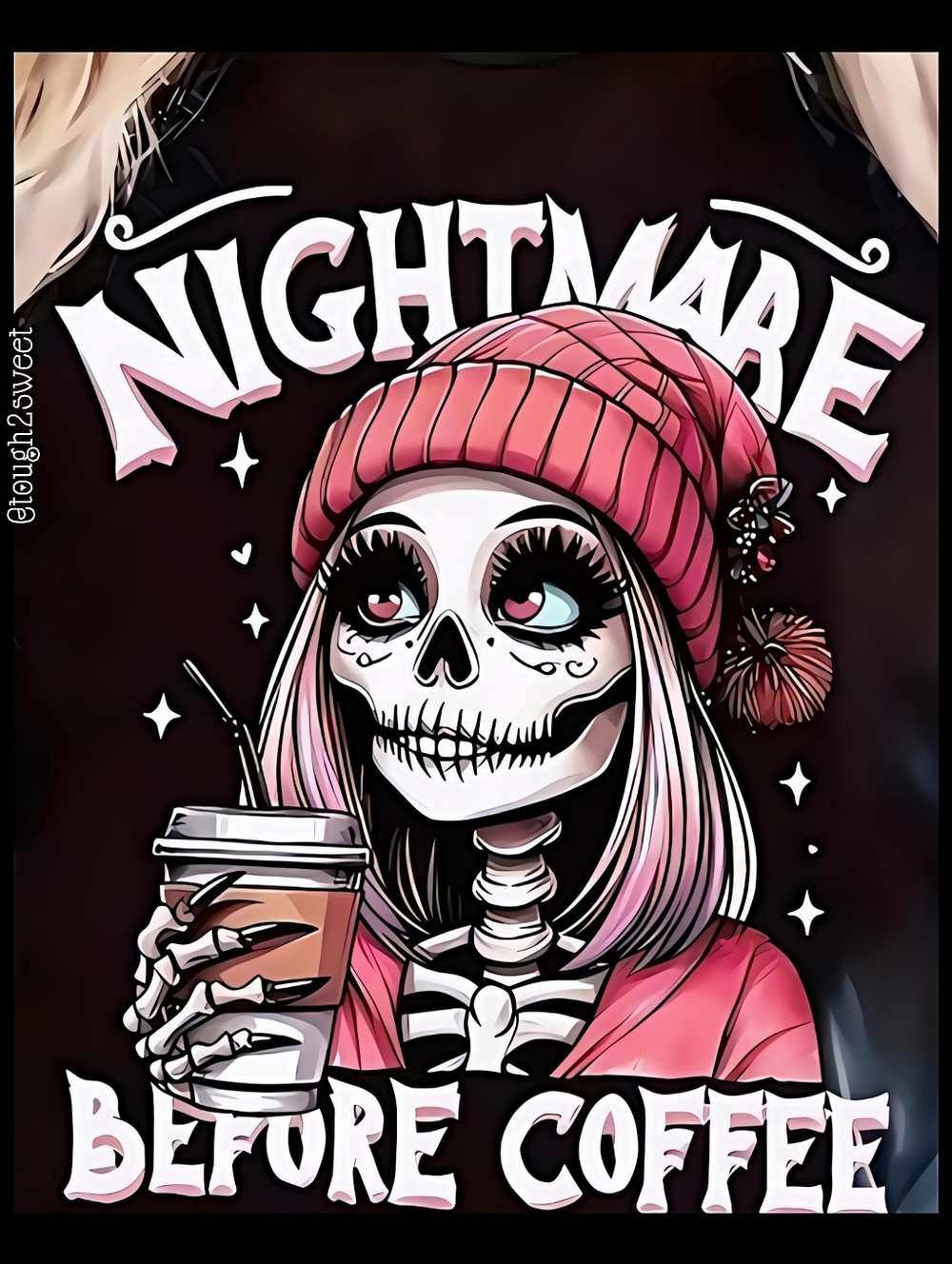 🆕NIGHTMARE BEFORE COFFEE GOTH PUNK Y2K TEE WITH PINK BEANIE XL